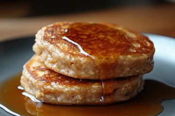 Oatmeal Pancakes - Homemade Whole Wheat Breakfast Cake with Blackberry and Honey Syrup