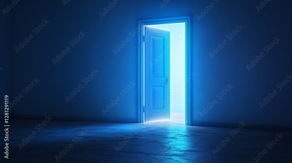Poster A softly illuminated door stands ajar in a darkened room, casting a tranquil blue light across the floor. This inviting glow hints at unexplored possibilities and secrets waiting beyond