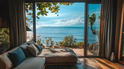 Serene ocean view retreat home featuring comfortable lounging area and scenic seascape