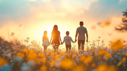A family of four with two children, happy and warm life from behind
