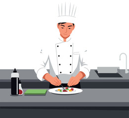 Chef in a white uniform meticulously plating colorful gourmet food on a round plate in a minimal vector illustration