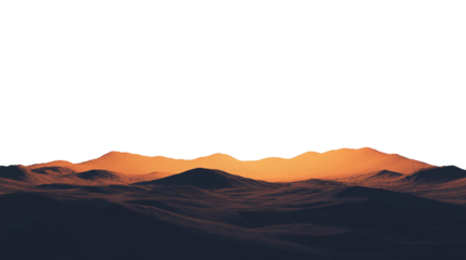 Barren desert sand dunes mountains under blazing sunset isolated on transparent white background