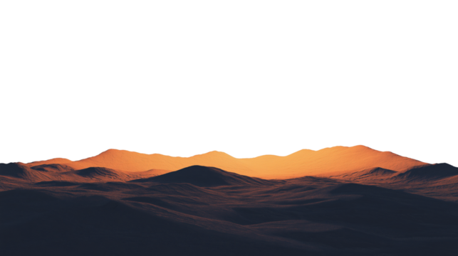 Barren desert sand dunes mountains under blazing sunset isolated on transparent white background