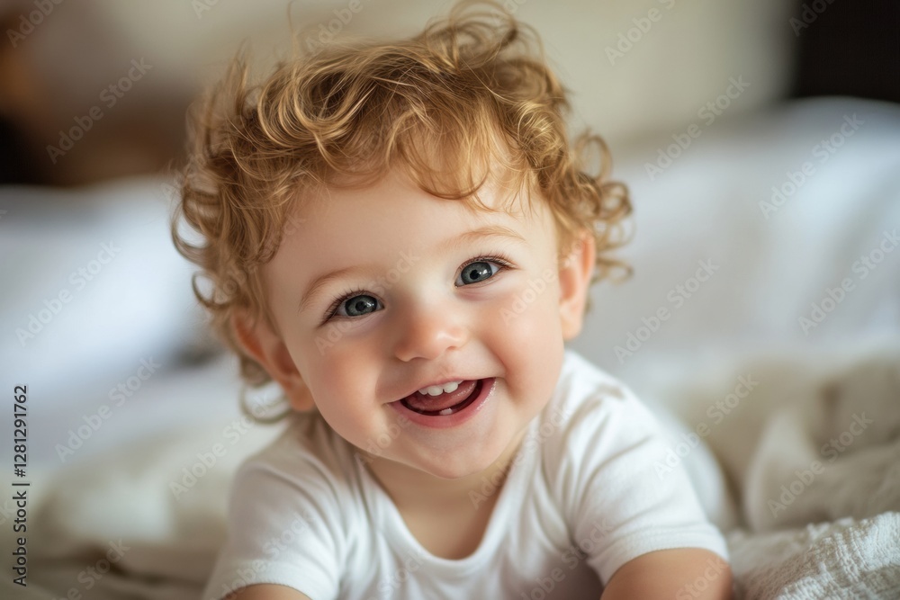 Poster baby with curly hair smiles brightly while lying on soft bedding in a cozy indoor setting during day