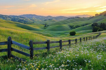 Obraz premium A picturesque scene of rolling green hills at sunset, adorned with wildflowers and a rustic wooden fence creating a tranquil, idyllic landscape.