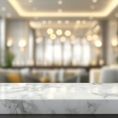 Elegant Marble Countertop in a Stylish Cafe Interior Warm Lighting and Soft Focus Creating a Serene Atmosphere Perfect for Product Display and Mockups