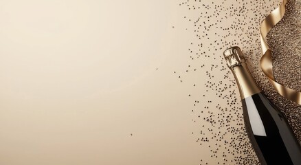 Fototapeta premium Luxurious champagne bottle with golden ribbons and sparkling confetti on the right side of a soft beige background, offering ample space for text. Ideal for New Year, weddings, birthdays, parties