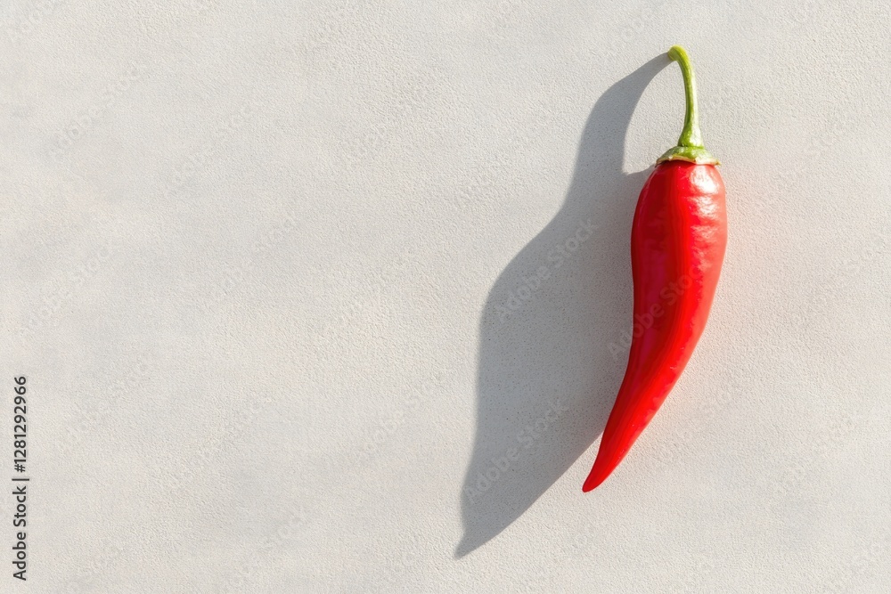 Poster clean close-up of single chili pepper resting on plain surface with soft shadows and generous copy s