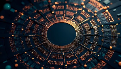 Circular geometric design with dots and lines forming an elegant, abstract pattern, perfect for modern branding and design