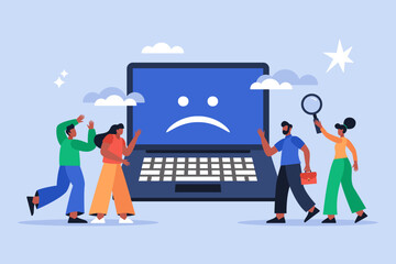 Computer malfunction or cyber attack business concept. Modern vector illustration of people business team looking on server error or technical problem on computer