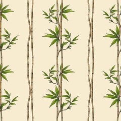 Seamless Pattern Bamboo Branch Design on Pastel Yellow Background