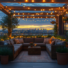 Cozy rooftop garden lounge setting with city view at sunset