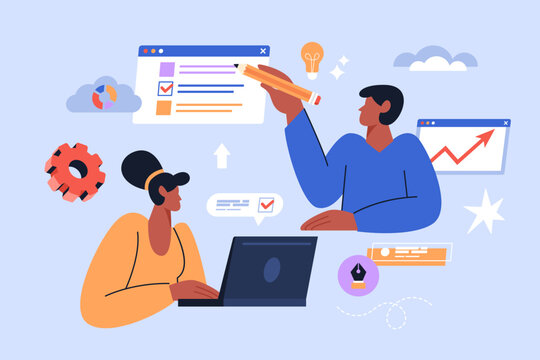 New start up project business concept. Modern vector illustration of people searching for business idea, market research and branding