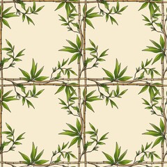 Fototapeta premium Seamless Pattern Bamboo Frame with Green Leaves Small Design on Pastel Yellow Background
