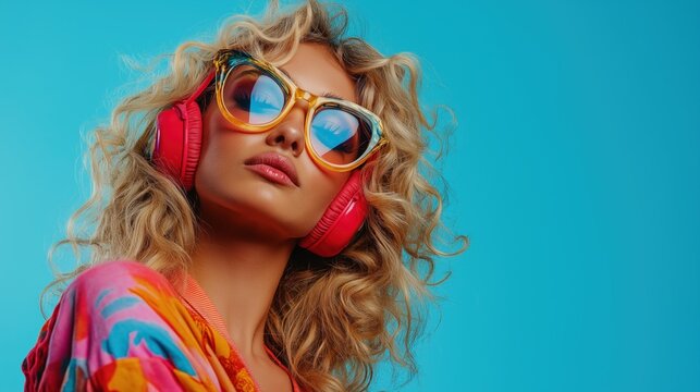 Closeup of blonde woman with curly hair, wearing colorful and large sunglasses with red headphones on her head against blue background with copy space. 80s style fashion concept. Retro theme.