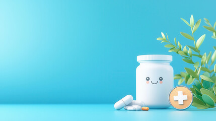 cute medical theme with smiling pill bottle, capsules, and leaves on blue background, conveying sense of health and wellness
