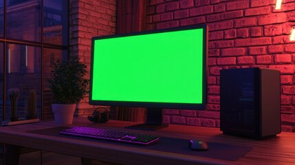 Green Screen Computer Setup In A Brick Room