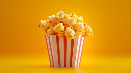 Buttery Popcorn In A Striped Box Against Yellow Background