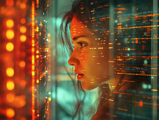 Woman's face overlaid with digital data streams, creating a futuristic, technological aesthetic.