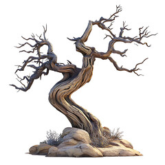 Fototapeta premium A dramatic, gnarled dead desert tree featuring twisted leafless branches stands upon dry rocks, strongly isolated on a clean white.