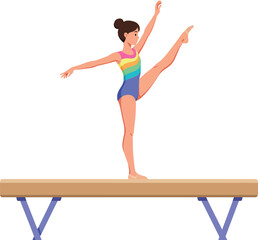 Obraz premium A young gymnast performing a graceful balance on a wooden beam in a vibrant, flat vector illustration