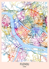Fuzhou China City Map, district banner, business modern landmark, neighborhood paint travel, hometown downtown design, destination landmark