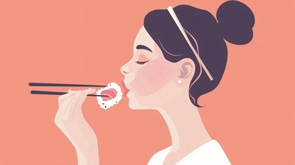 Woman Enjoying Delicious Sushi Dining Dining Room