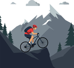A mountain biker in a red helmet and jersey navigating a steep rocky trail amidst towering pine trees in a minimal vector illustration