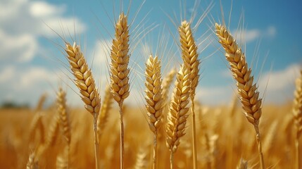 Golden wheat field under a clear blue sky at daytime a captivating rural landscape with a tranquil mood and a low angle shot