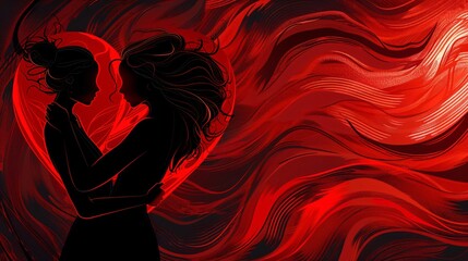 Woman Embraces Red Heart Flat Vector Illustration