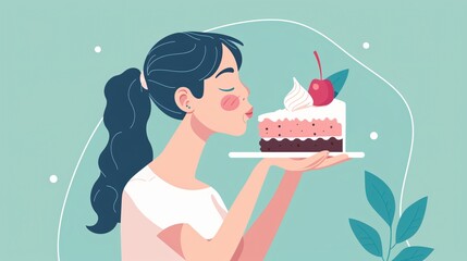 Woman Enjoying a Delicious Slice of Cake Illustration