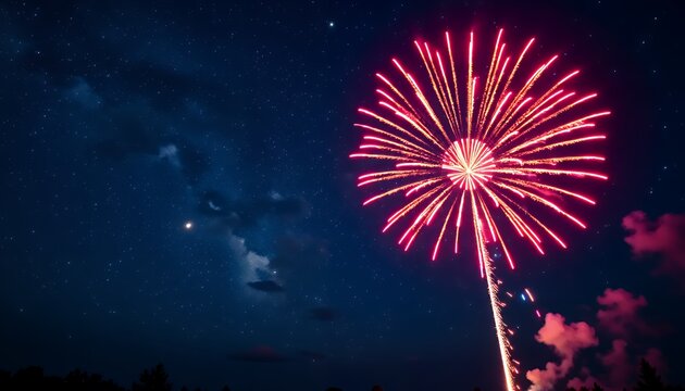 Bright fireworks in the night sky for 4th of July or celebratory seasonal designs, symbolizing celebration and freedom