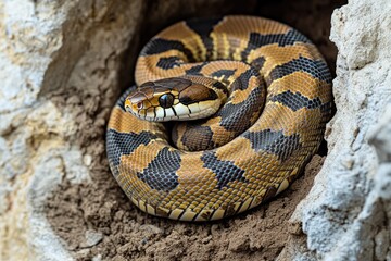 Obraz premium detailed shot of snake curled inside its hibernation den surrounded by earthy textures with composition leaving ample