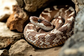 Obraz premium detailed shot of snake curled inside its hibernation den surrounded by earthy textures with composition leaving ample