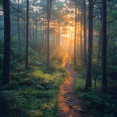 Obraz premium Golden sunlight illuminating hiking trail in misty forest at dawn
