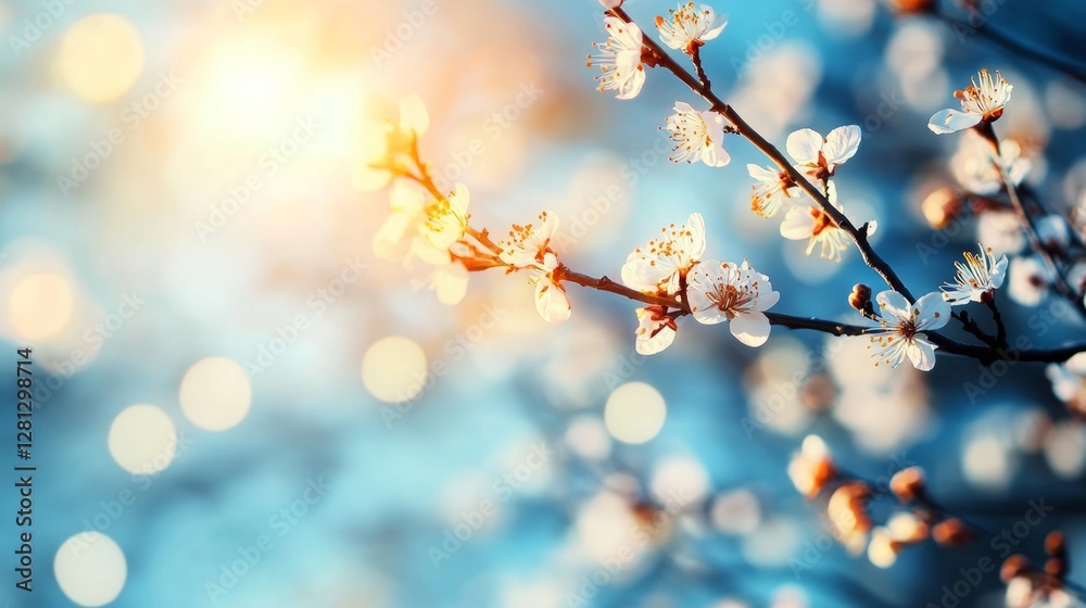 Aufkleber delicate cherry blossoms bloom against a soft blue background as sunlight filters through. the fresh