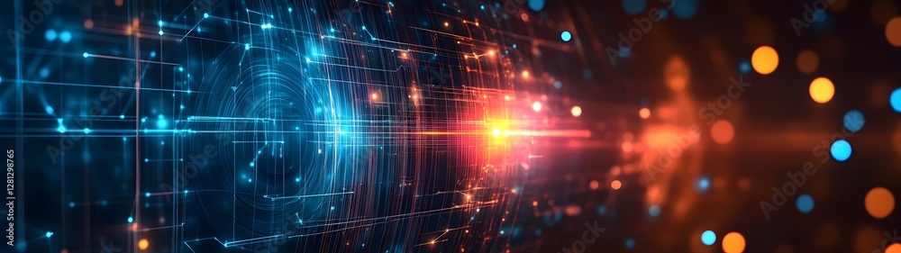 Poster Futuristic glowing digital technology network and communication abstract background with neon lights particles and elements  Dynamic digital art of a complex interconnected system
