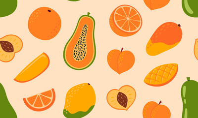Tropical fruits seamless pattern. Fruits and berries background design. Collection of organic vitamins and healthy nutrition. Flat Vector illustration