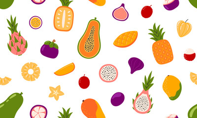 Exotic fruits seamless pattern. Tropical fruits and berries background design. Collection of organic vitamins and healthy nutrition. Flat Vector illustration