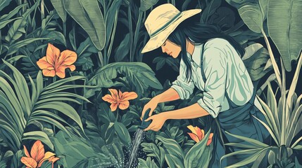 Professional Female Gardener Watering Plant with Watering Can Illustration