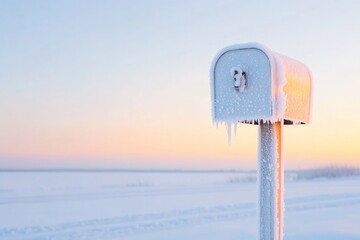 frost-covered mailbox in quiet rural setting catches light of cold morning creating serene and minimalistic image with