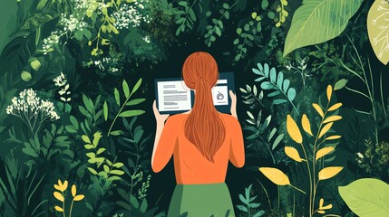 Woman Using Laptop on Nature Vector Illustration
