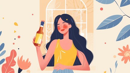 Flat Vector Illustration of Woman Opening Beer Bottle