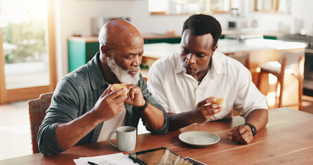 Black family, senior or son helping father with tablet or documents for finance, investment or pension. Male people, advice or assistance with technology or breakfast muffin with financial aid or app