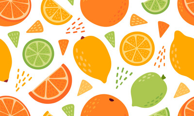 Citrus fruits seamless pattern. Lemon, orange, lime, grapefruit. Fruits and berries background design. Collection of organic vitamins and healthy nutrition. Flat Vector illustration