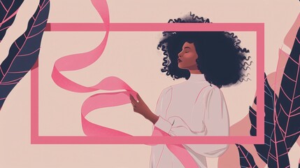 Vector Illustration of a Woman Holding a Pink Ribbon for Breast Cancer Awareness