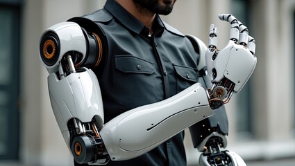 Close-up of a robotic arm on a person in a black shirt, showcasing futuristic technology and design