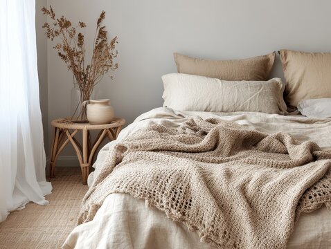 A cozy bedroom scene featuring decorative bed linens and bedside table
