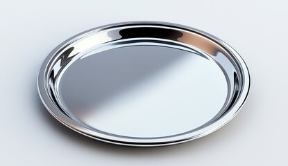 Studio shot of a round, shiny, stainless steel serving platter, set against a bright, neutral background. The platter is circular, with a reflective