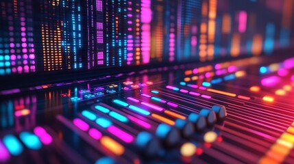 Neon Lights Illuminate A Modern Sound Mixing Console
